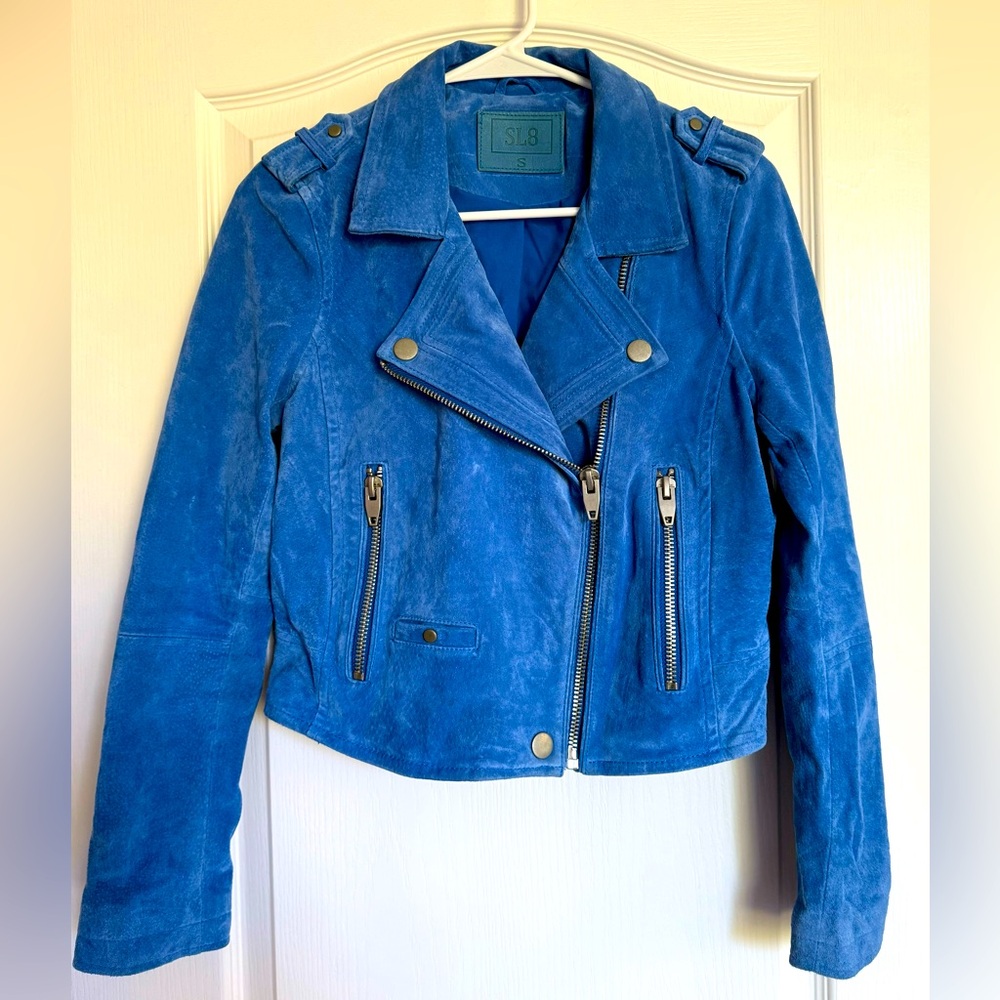Women’s SL8 blue leather moto jacket size small.